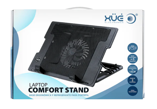 Base Disipadora de calor tipo Stand con 1-ventilador, 4-Posiciones, 2 puertos USB, color Negro, marca XUE CSV1